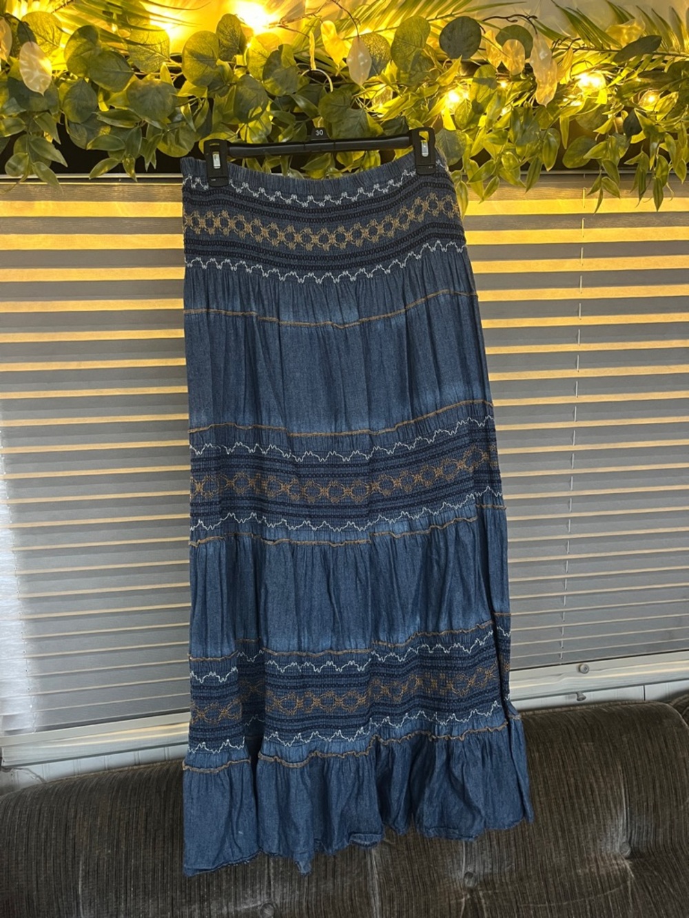 Lapis Blue Tiered Embroidered Maxi Skirt
